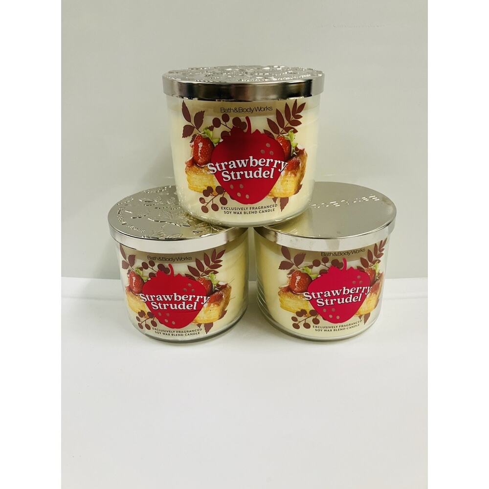Bath & Body Works STRAWBERRY STRUDEL Large Scented 3 Wick Candle 14.5 oz X3